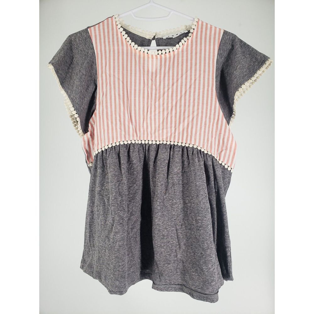 THML Anthropologie Sz XS Short Flutter Sleeve Boho Blouse Top Stripe Tassel Trim